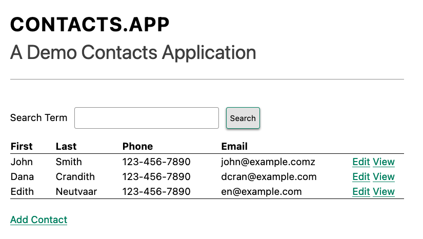Table showing info of 3 contacts with a title and a search bar above and an Add Contact link below