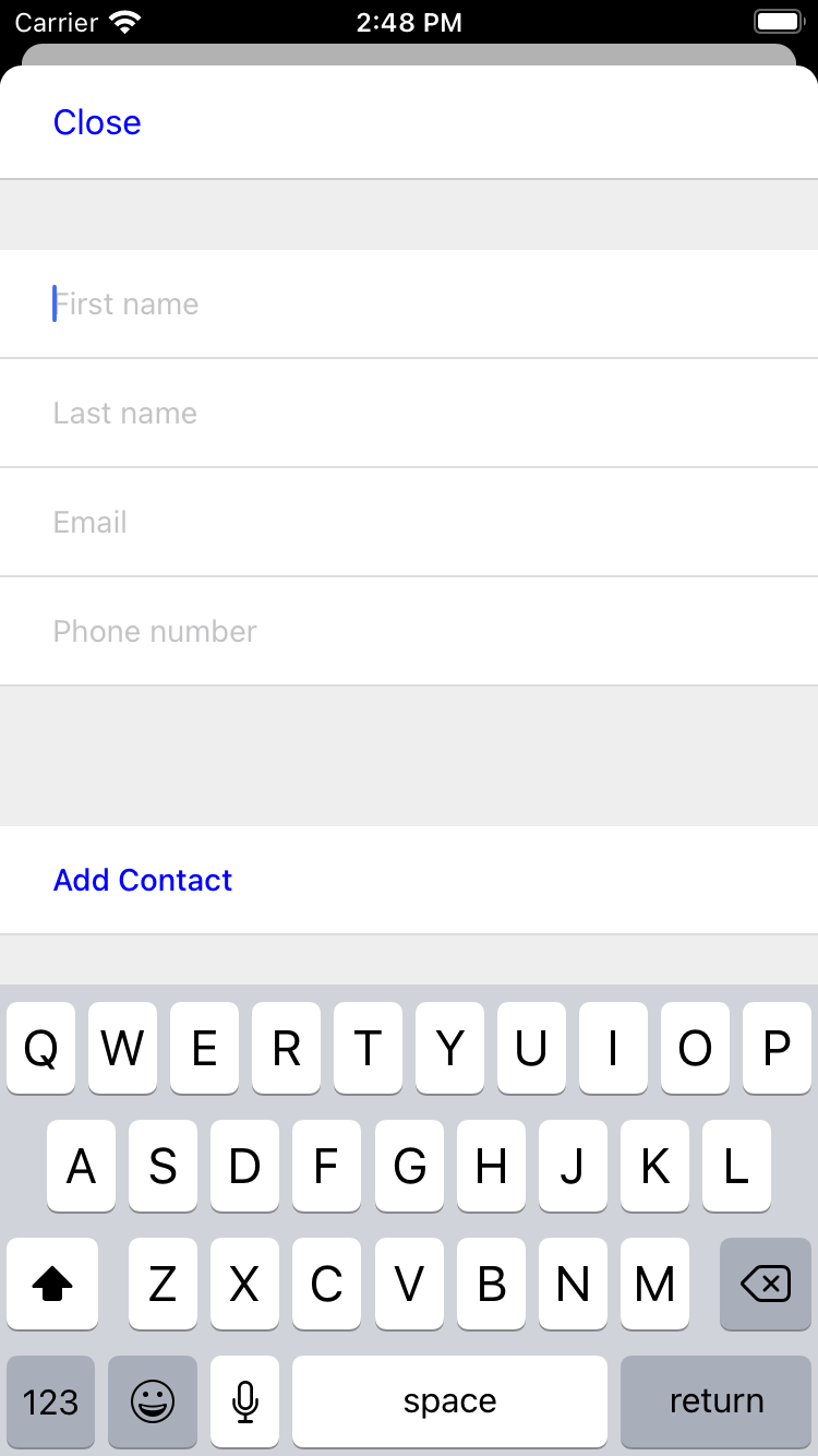 Form to enter contact details pops up from bottom of screen