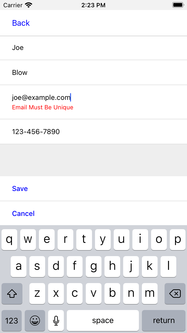 We can edit the contact details and even see validation errors inline